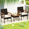 Balcony 3-Piece Wicker Set Acacia Wood Tabletop with Comfortable Armrest Chairs